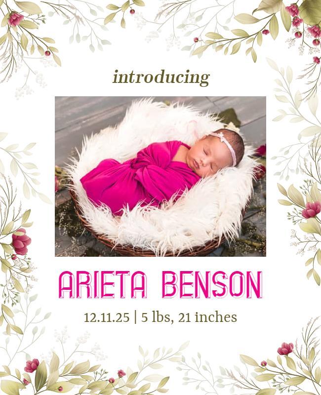 Floral Baby Announcement with Elegant Pink Accents Poster Template