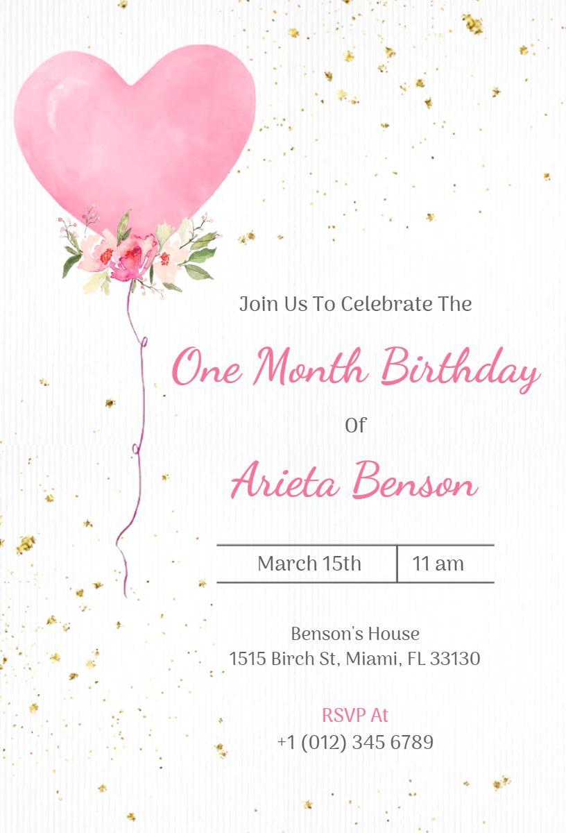 Floral Balloon Pink 1st Birthday Celebration Invitation Template