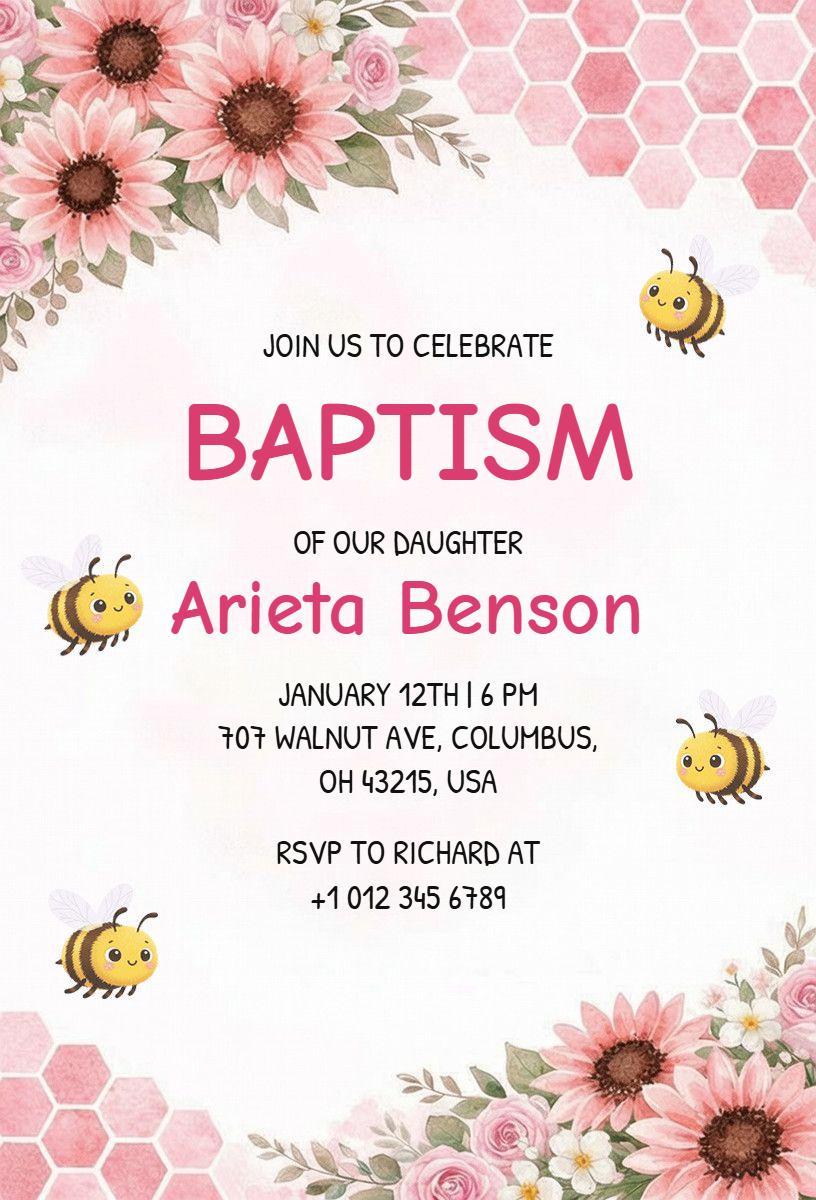 Floral Bee Themed Daughter Baptism Celebration Invitation Template