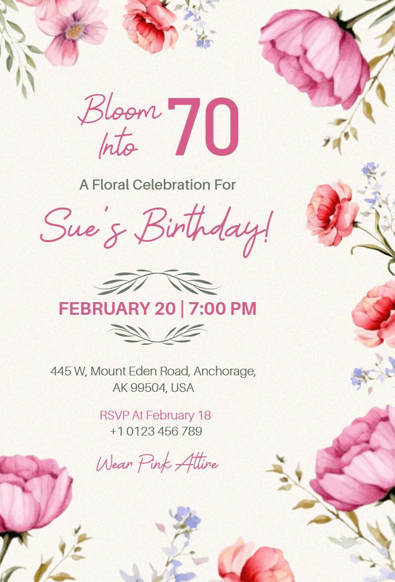 Floral Bloom 70th Birthday Celebration Invitation Template