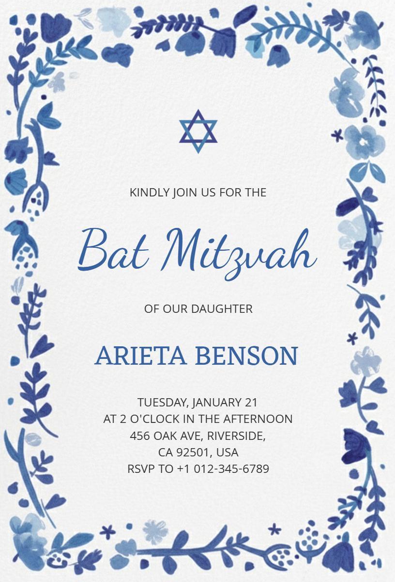 Floral Blue Bat Mitzvah Celebration Invitation Template