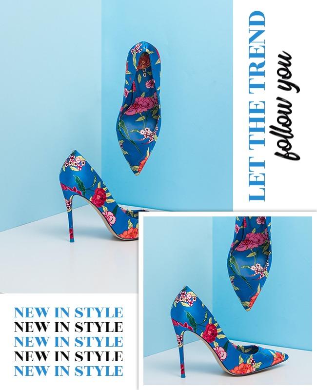 Floral Blue High-Heeled Shoe Trend Promotion Flyer Template