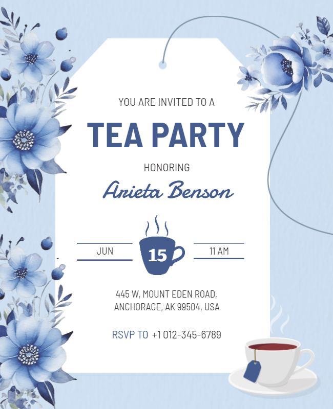 Floral Blue Tea Party Invitation Flyer Template