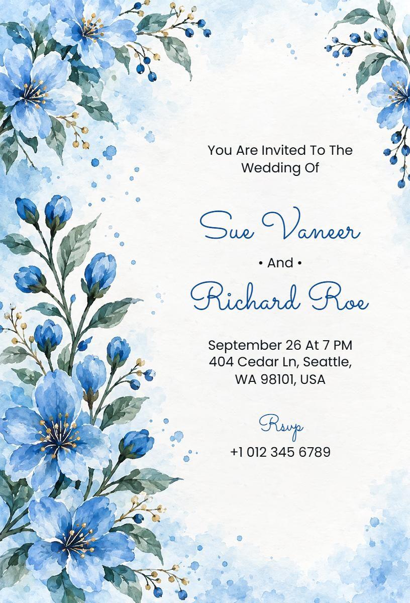 Floral Blue Watercolor Wedding Invitation Template