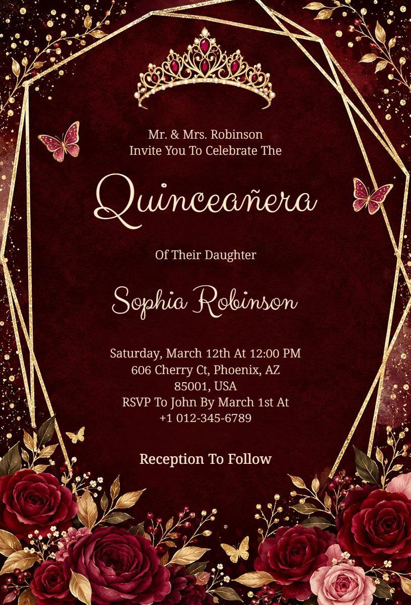 Floral Burgundy Quinceañera Invitation Template
