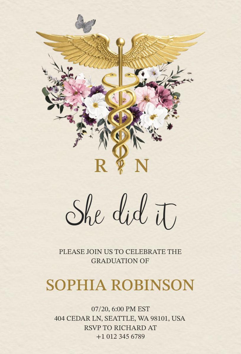 Floral Caduceus Nursing Graduation Celebration Invitation Template