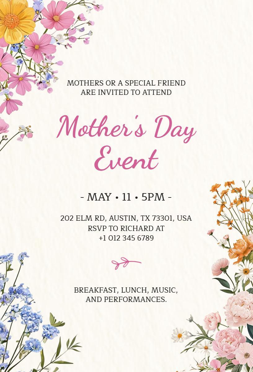 Floral Celebration Mother's Day Event Gathering Invitation Template