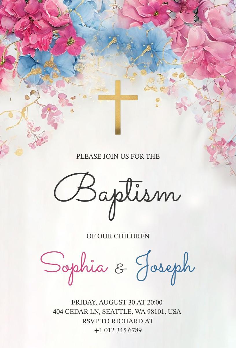 Floral Cross Children Baptism Celebration Invitation Template