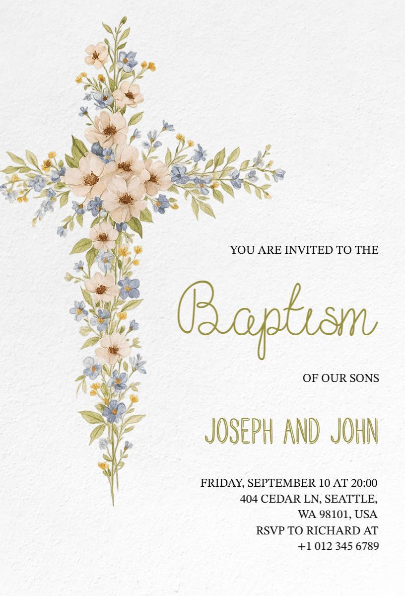 Floral Cross Elegant Twin Sons Baptism Invitation Template