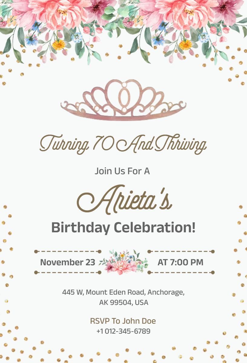 Floral Crown 70th Birthday Celebration Invitation Template