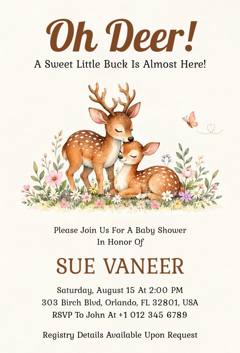 Floral Deer Illustration Baby Shower Invitation Template