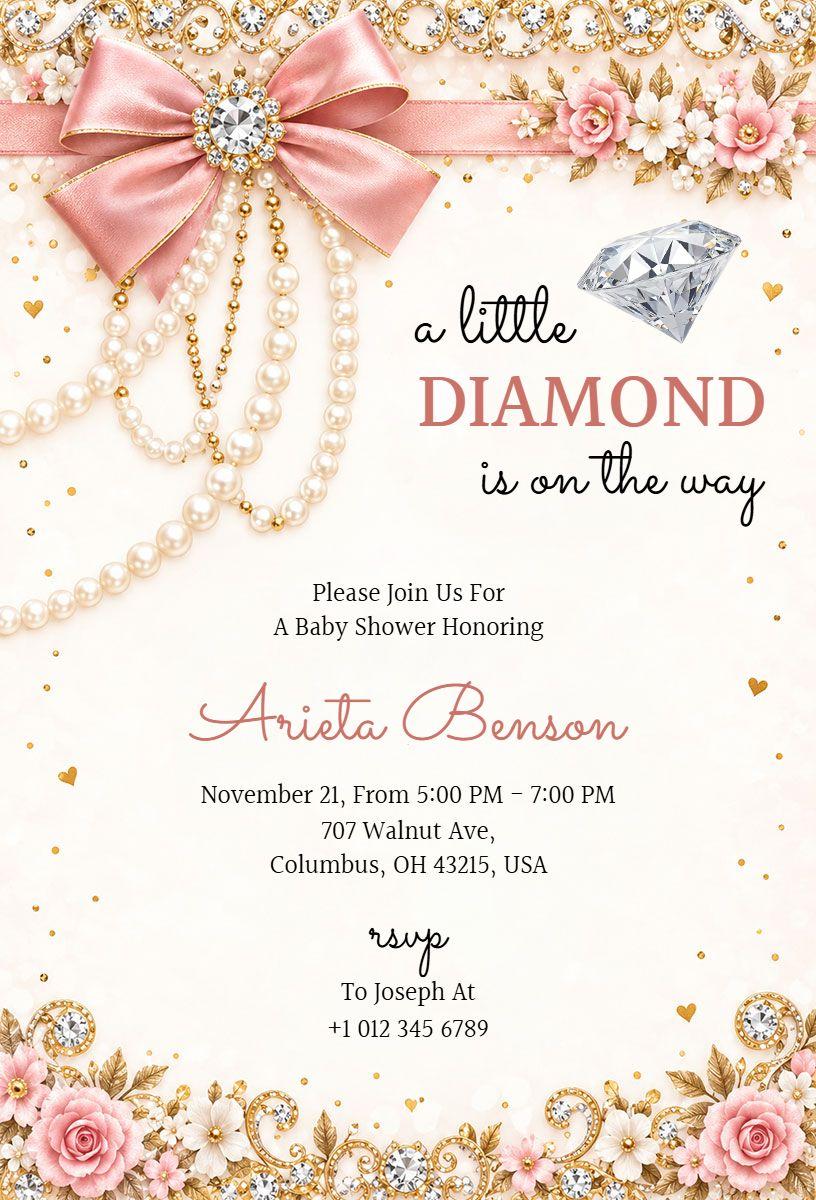 Floral Diamond Theme Baby Shower Invitation Template
