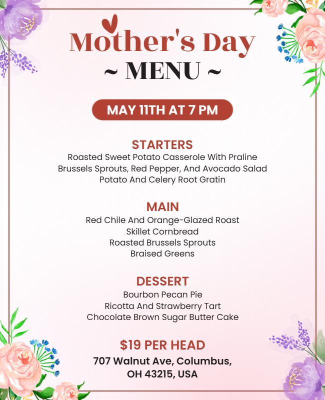 Floral Elegant Mother's Day Dinner Menu Poster Template