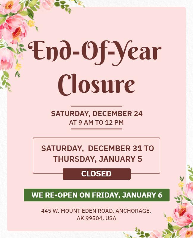 Floral End Of Year Closure Announcement Flyer Template