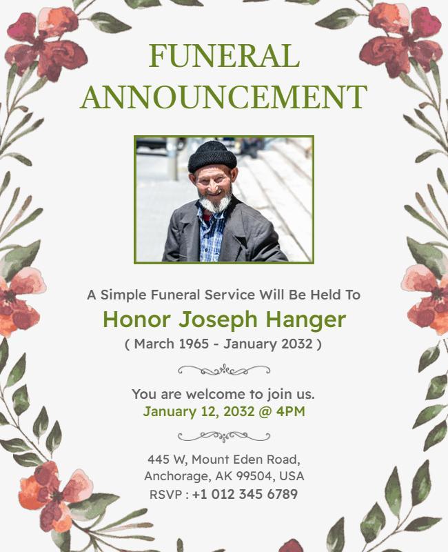 Floral Funeral Announcement Memorial Flyer Template