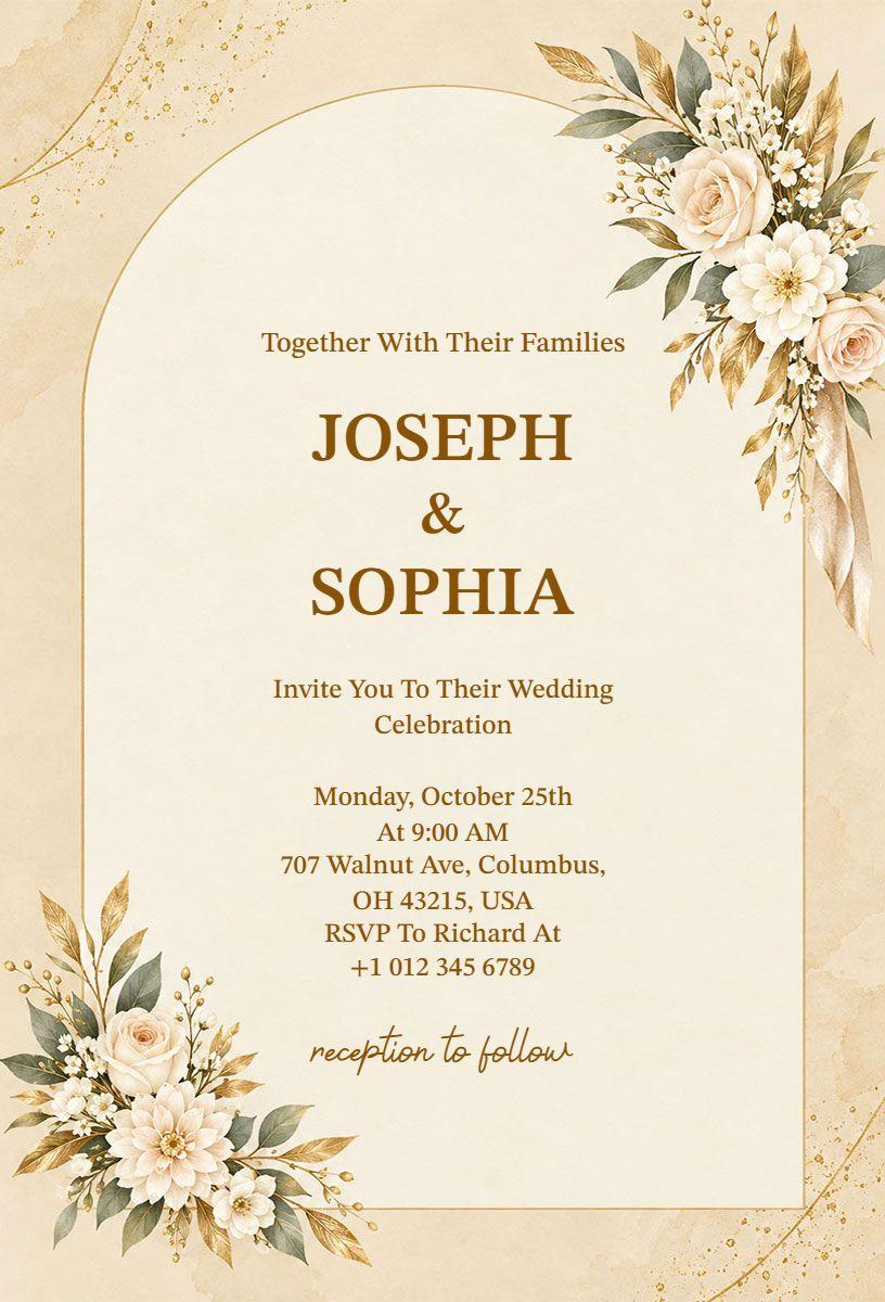 Floral Gold and Beige Wedding Celebration Invitation Template