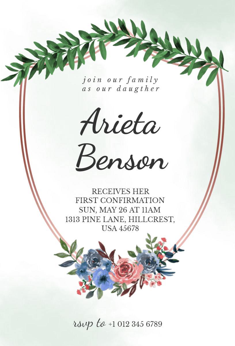 Floral Greenery First Confirmation Celebration Invitation Template