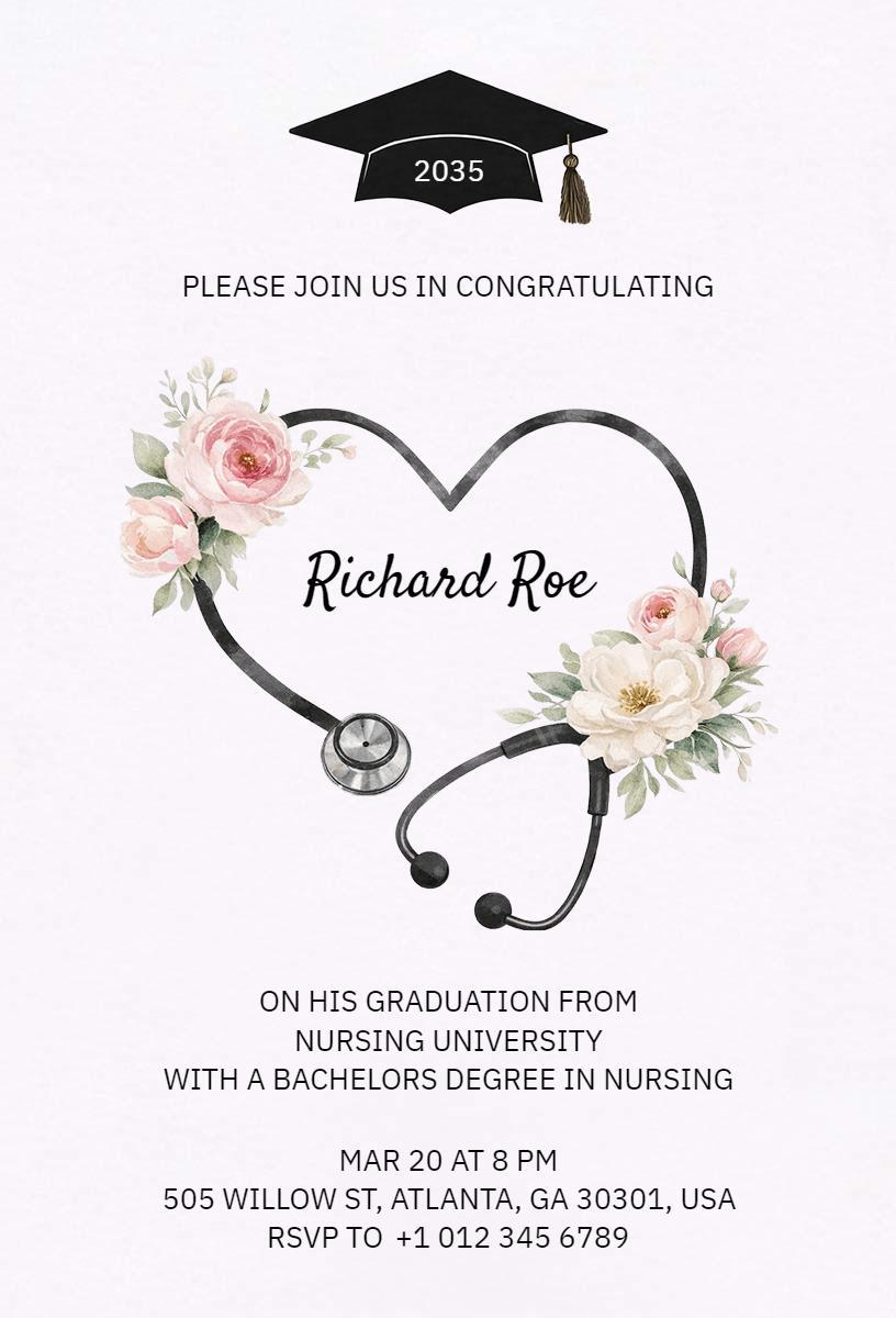 Floral Heart Nursing Graduation Celebration Invitation Template