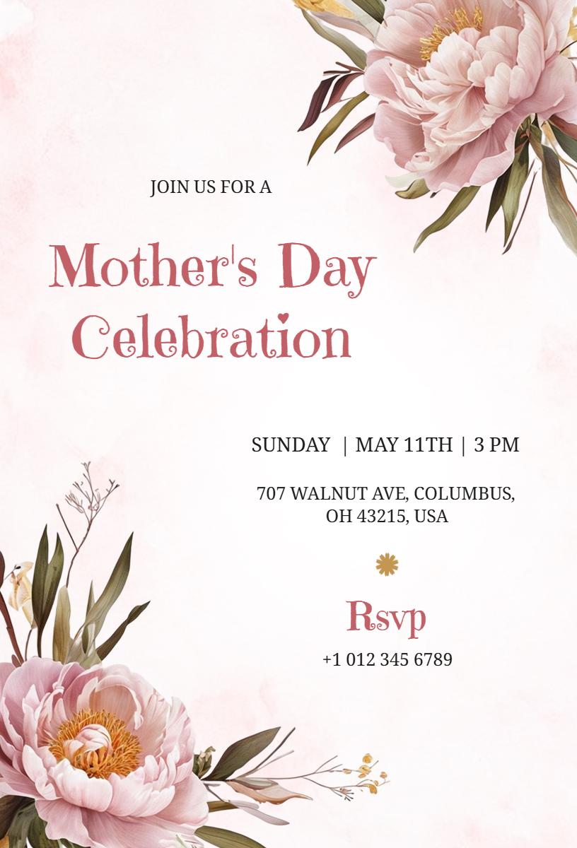 Floral Peony Mother's Day Celebration Invitation Template