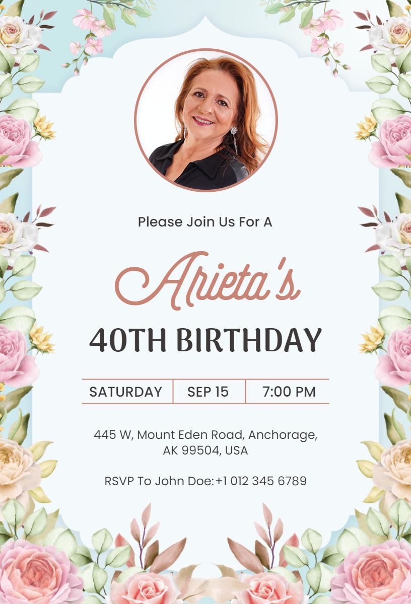 Floral Photo Elegant 40th Birthday Celebration Invitation Template
