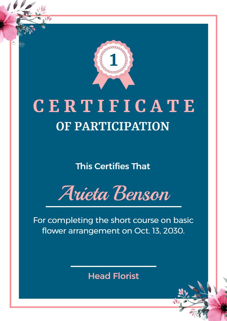 Floral Pink and Blue Flower Arrangement Participation Certificate Template