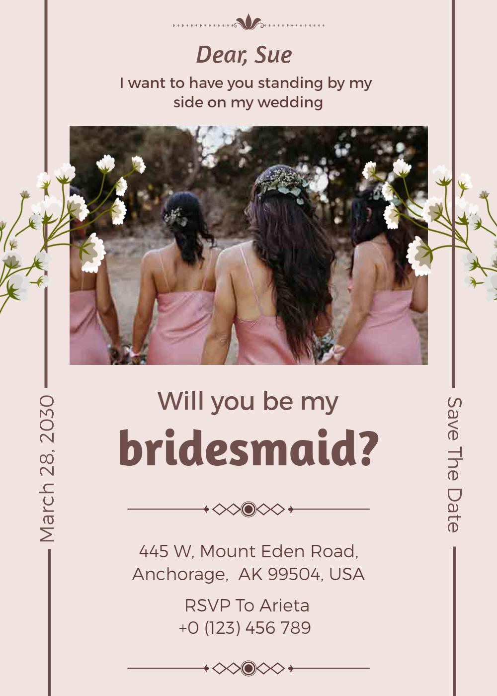 Floral Pink Bridesmaid Wedding Proposal Invitation Template