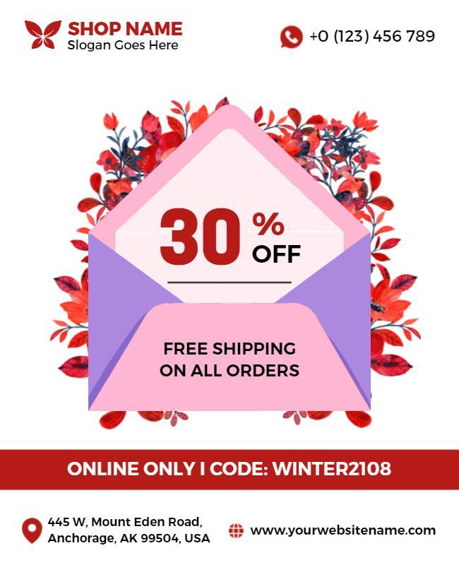 Floral Pink Discount Sale with Free Shipping Poster Template