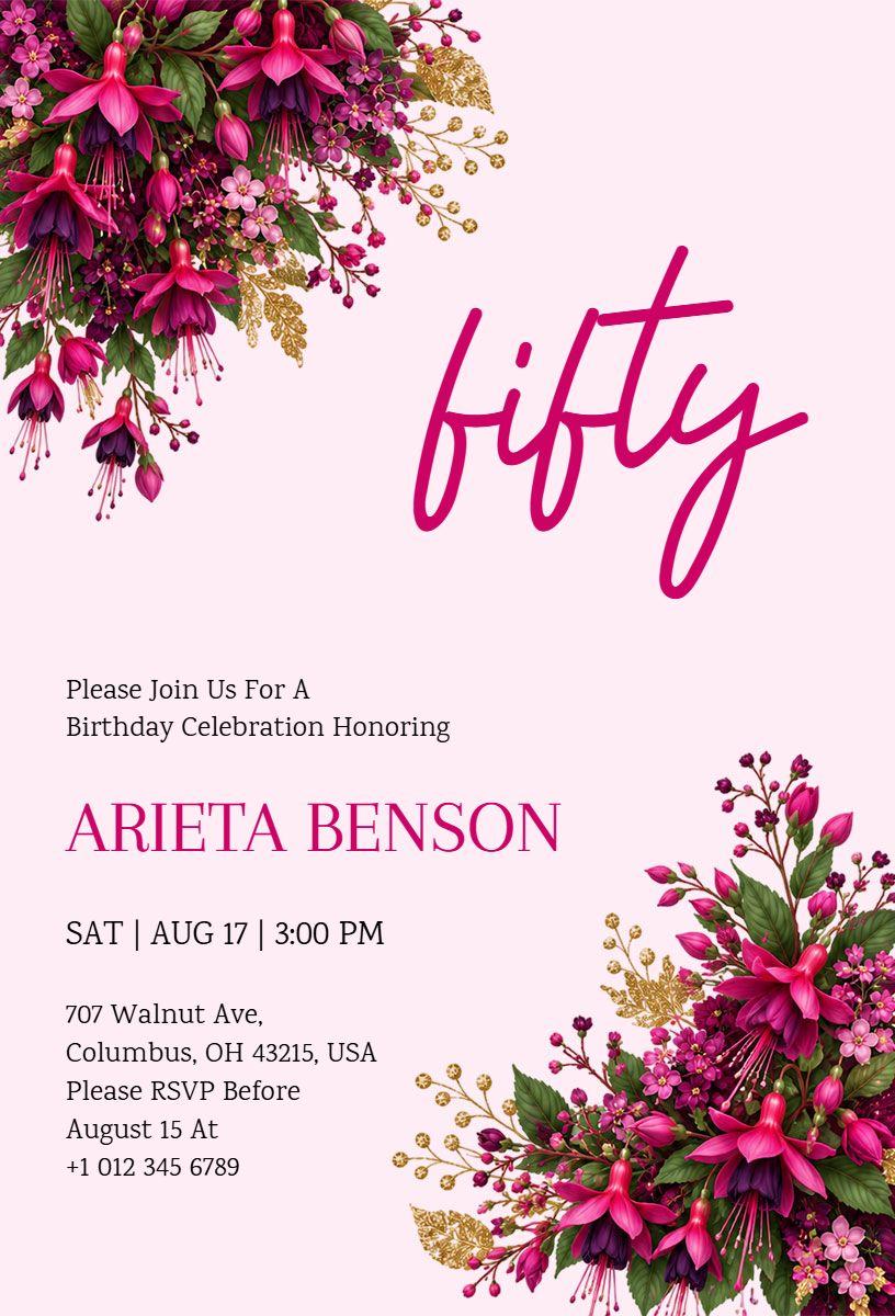 Floral Pink Elegant 50th Birthday Celebration Invitation Template