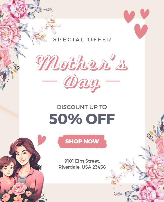 Floral Pink Mother's Day Discount Offer Poster Template