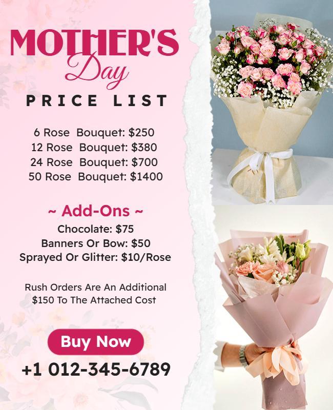 Floral Pink Mother's Day Price List Bouquet Poster Template