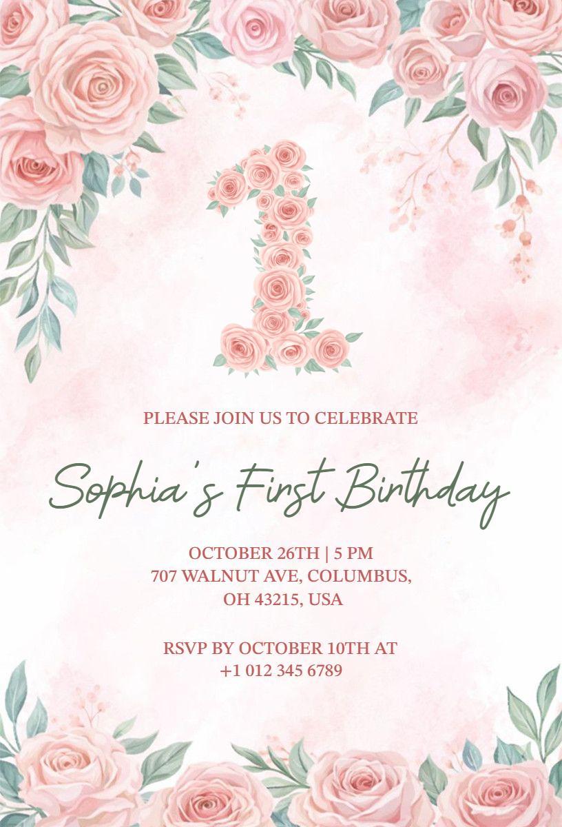 Floral Pink Rose Theme 1st Birthday Celebration Invitation Template