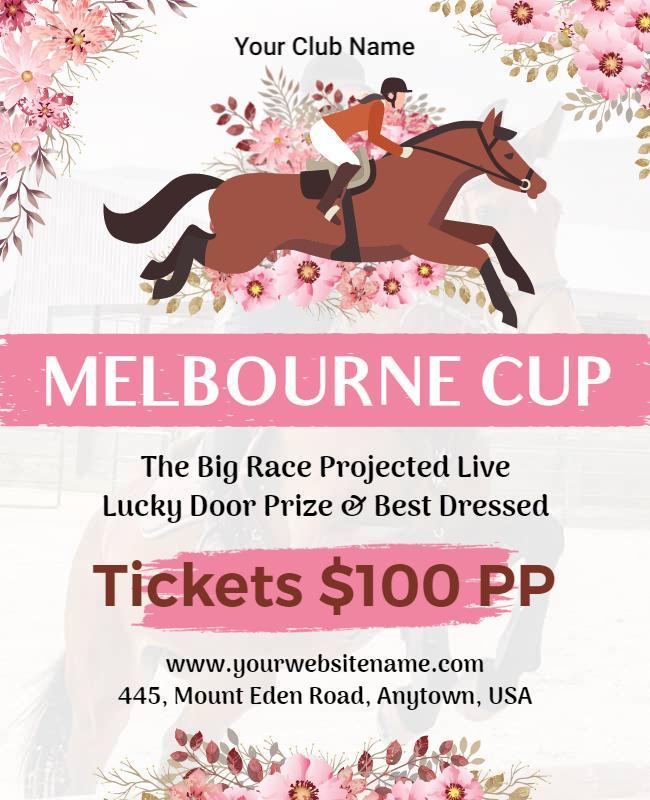 Floral Pink Themed Melbourne Cup Horse Racing Event Poster Template