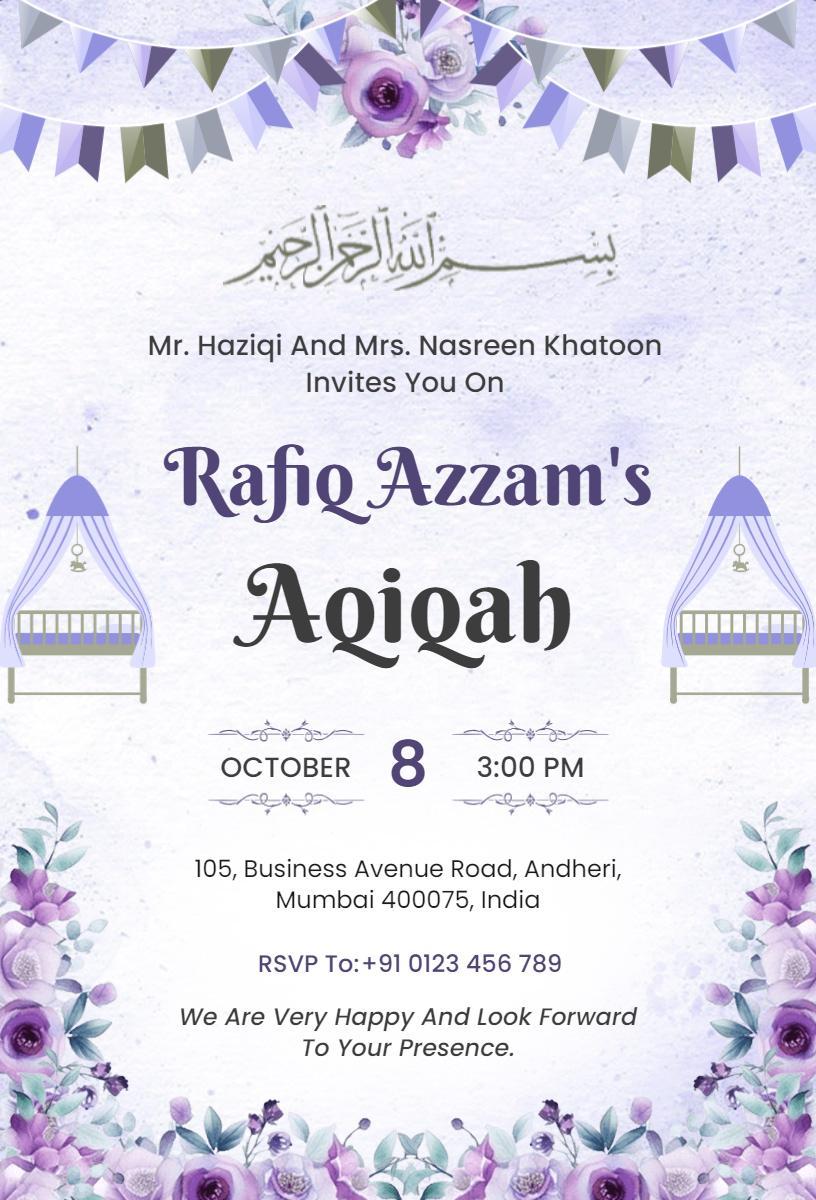 Floral Purple Aqiqah Ceremony Celebration Invitation Template