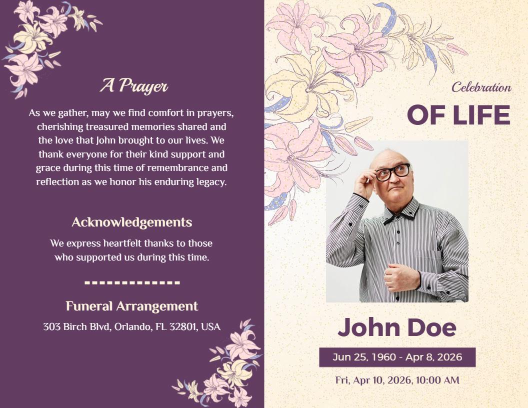 Floral Purple Celebration of Life Memorial Brochure Template