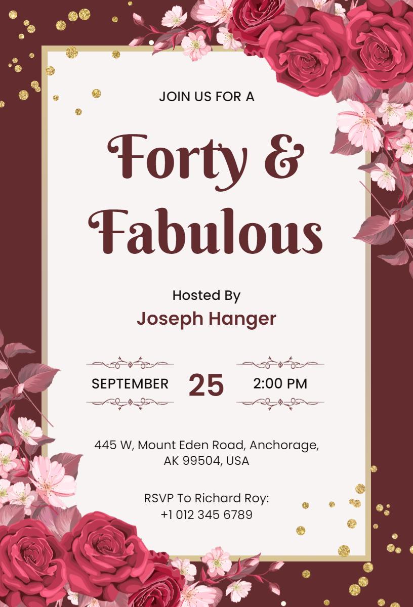 Floral Roses Forty Fabulous Birthday Celebration Invitation Template