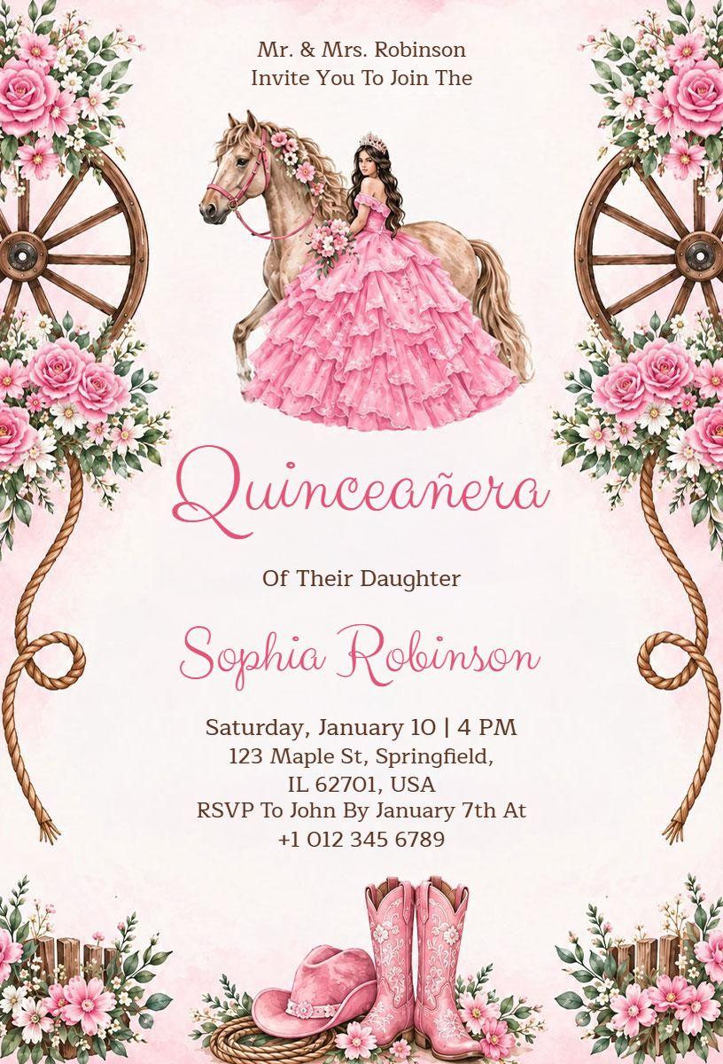Floral Saddle and Boots Quinceañera Invitation Template