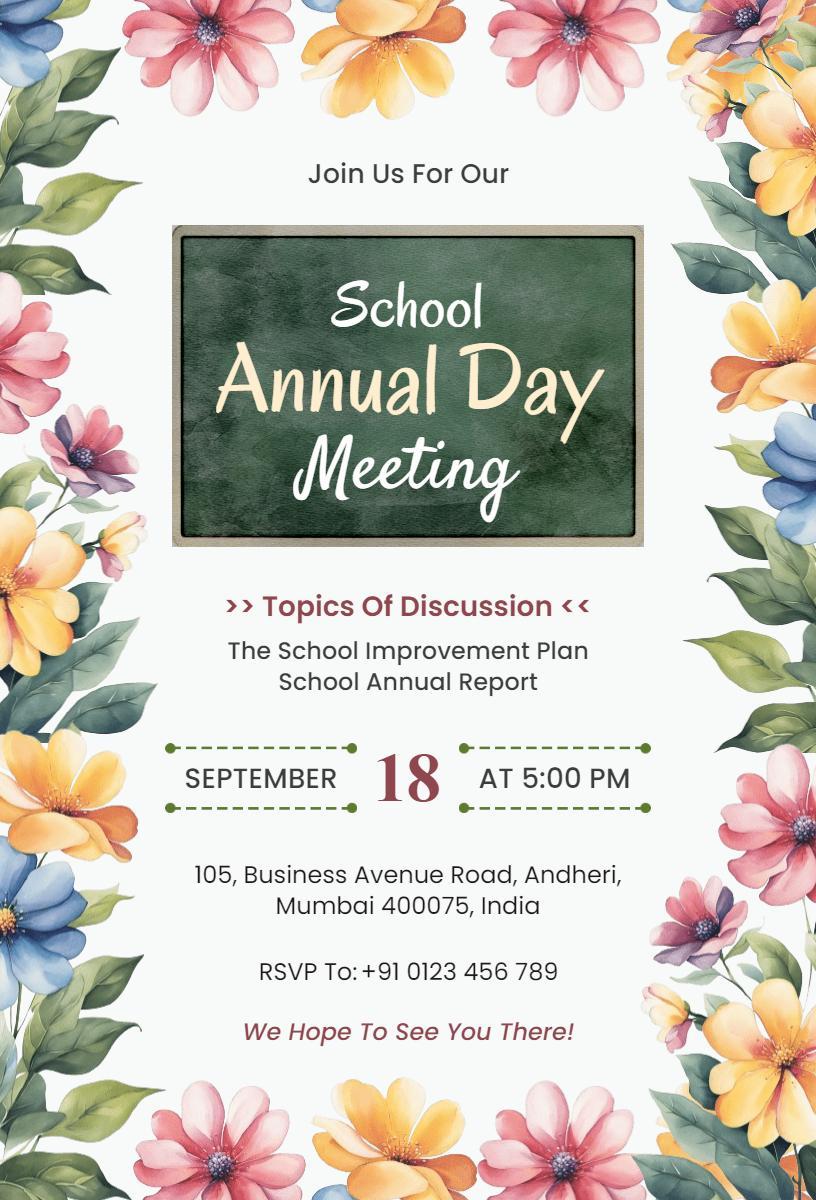 Floral School Annual Day Meeting Gathering Invitation Template