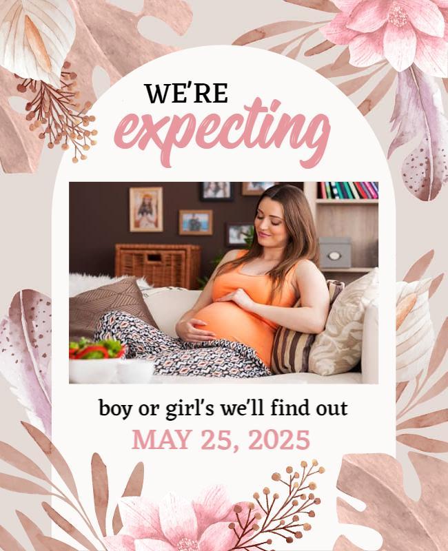 Floral Soft Neutral Pregnancy Expecting Announcement Flyer Template