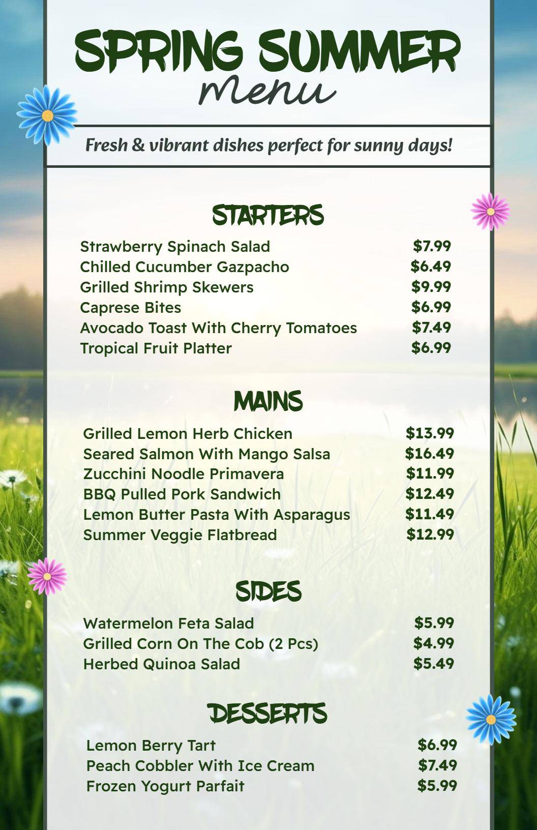 Floral Spring Summer Breeze Seasonal Menu Template