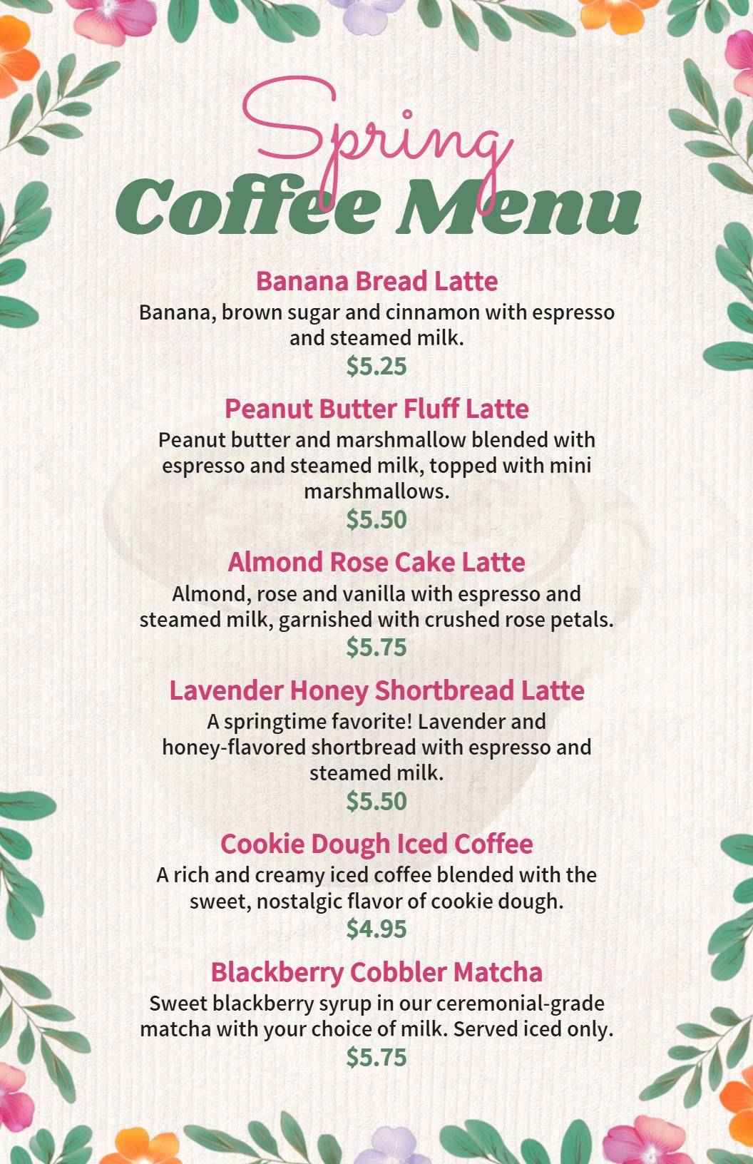 Floral Spring-Themed Coffee Beverages with Unique Flavors Seasonal Menu Template