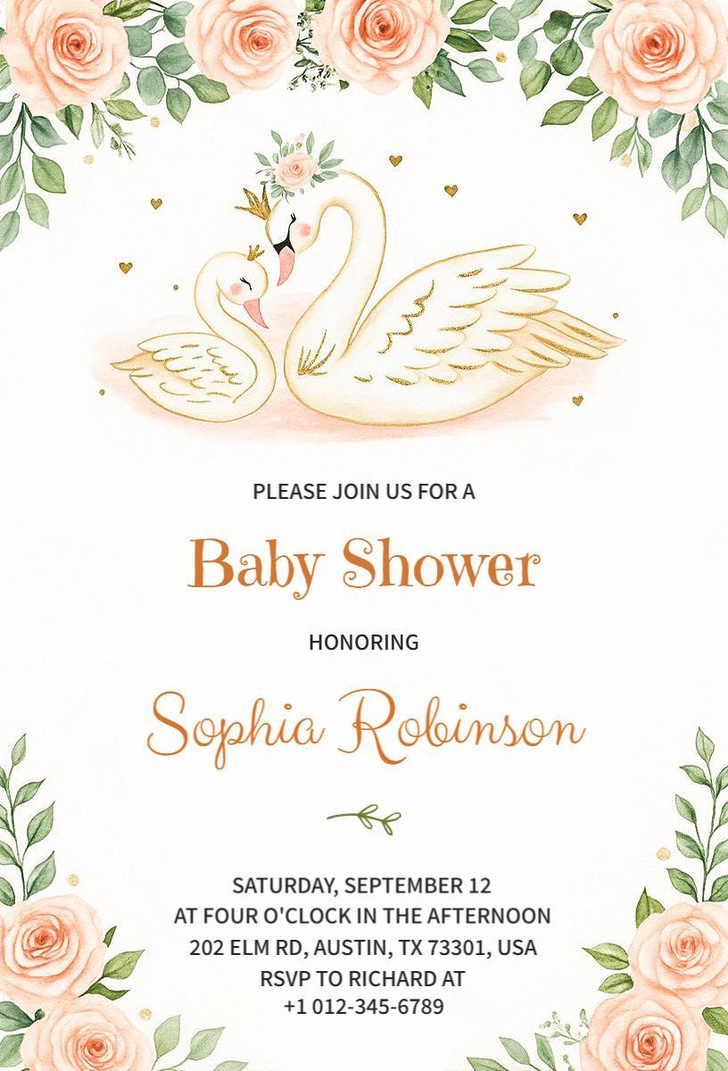 Floral Swan Elegance Baby Shower Celebration Invitation Template