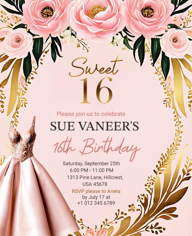 Floral Sweet Sixteen Birthday Celebration Flyer Template