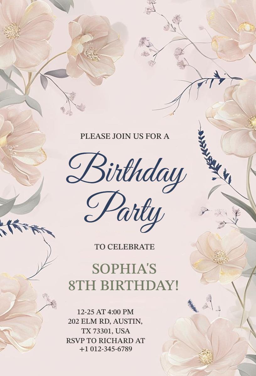 Floral Theme 8th Birthday Celebration Invitation Template