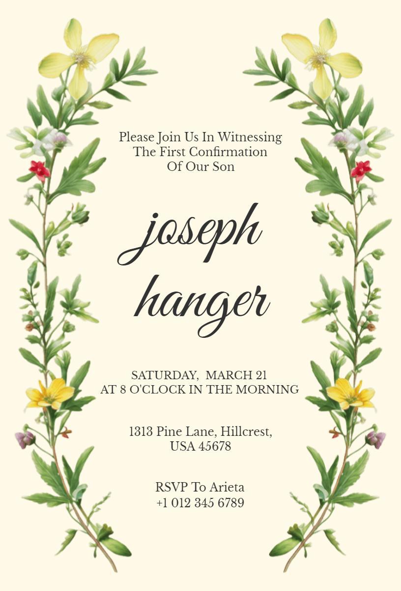 Floral Theme First Communion Confirmation Invitation Template