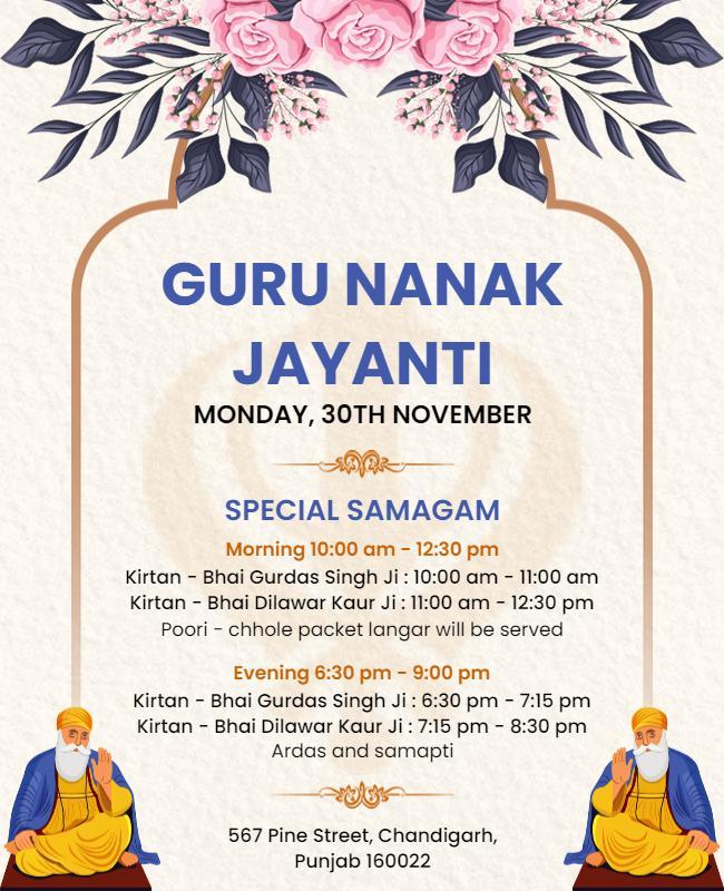 Floral Theme Guru Nanak Jayanti Celebration Poster Template