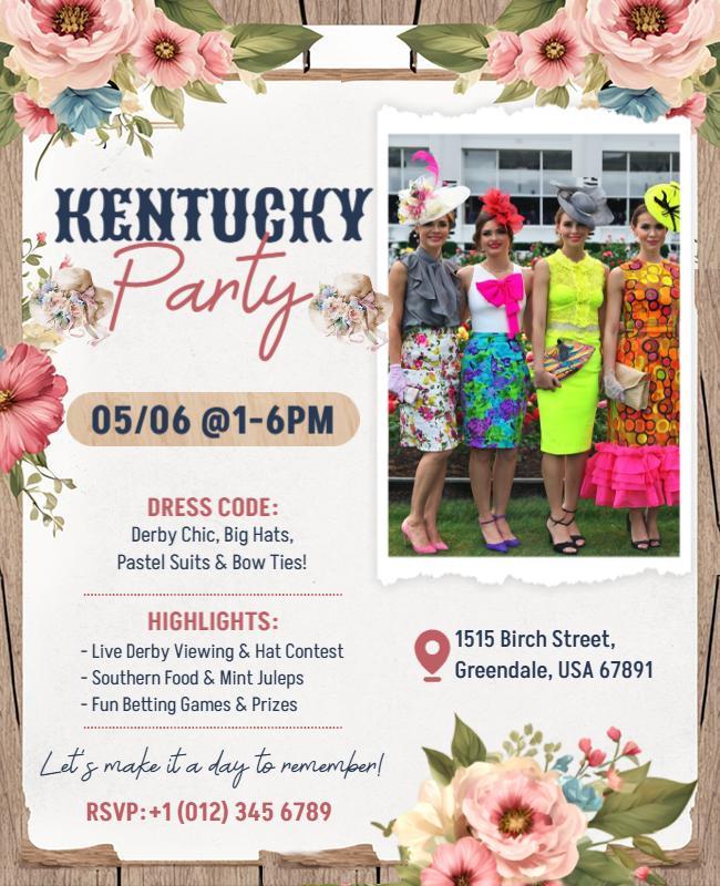 Floral Theme Kentucky Party Flyer Template