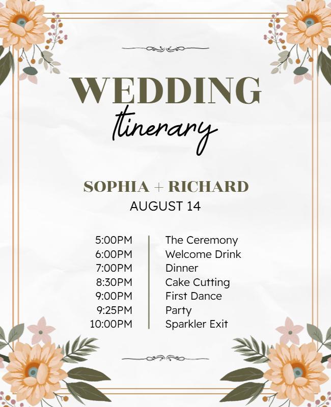 Floral Wedding Itinerary Schedule Flyer Template