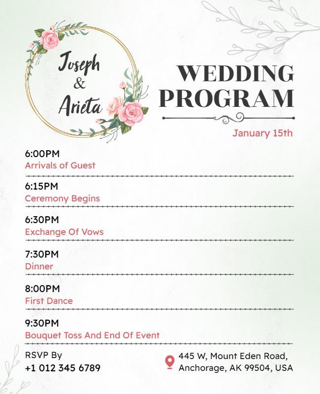 Floral Green Elegant Wedding Program Schedule Flyer Template