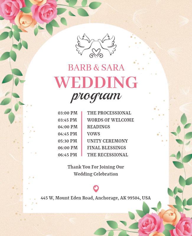 Floral Wedding Program Schedule Flyer Template