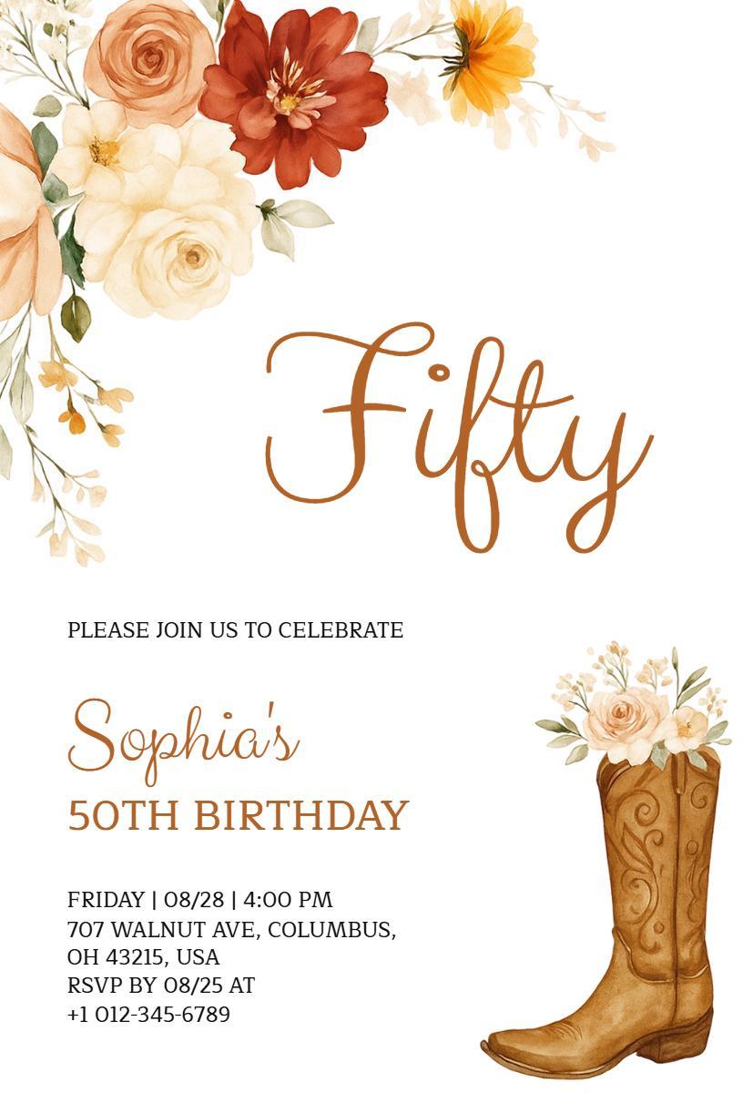 Floral Western Style 50th Birthday Celebration Invitation Template